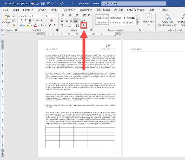 Leere Seite nach Tabelle in Word Dokument löschen ausblenden AWeb