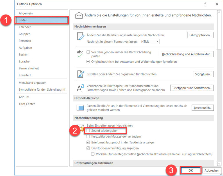 Benachrichtigungston bei Mails in Outlook für Windows aktivieren oder deaktivieren AWeb